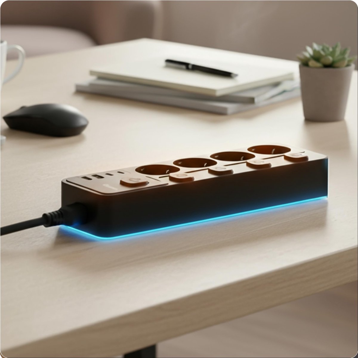 SnelShoppen - Stekkerdoos met Schakelaar, 4-voudige Stekkerdoos met Overspanningsbeveiliging, 2 USB-A & 2 USB-C, 3680W, 1,5 m Kabel, Kindveilig, Zwart
