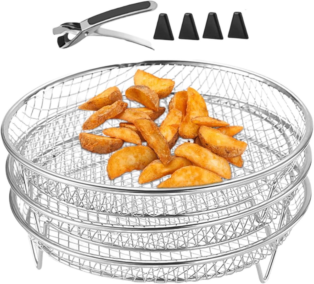 Airfryer Manden - Grillmand Set - Koken en Stomen - Stapelbare Drielaagse Structuur - 21 cm - Zilver