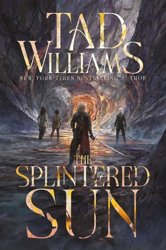 De cover van het boek 'The Splintered Sun' toont vier figuren in een grot met een fel verlichte opening. Een centrale figuur draagt een zwaard.