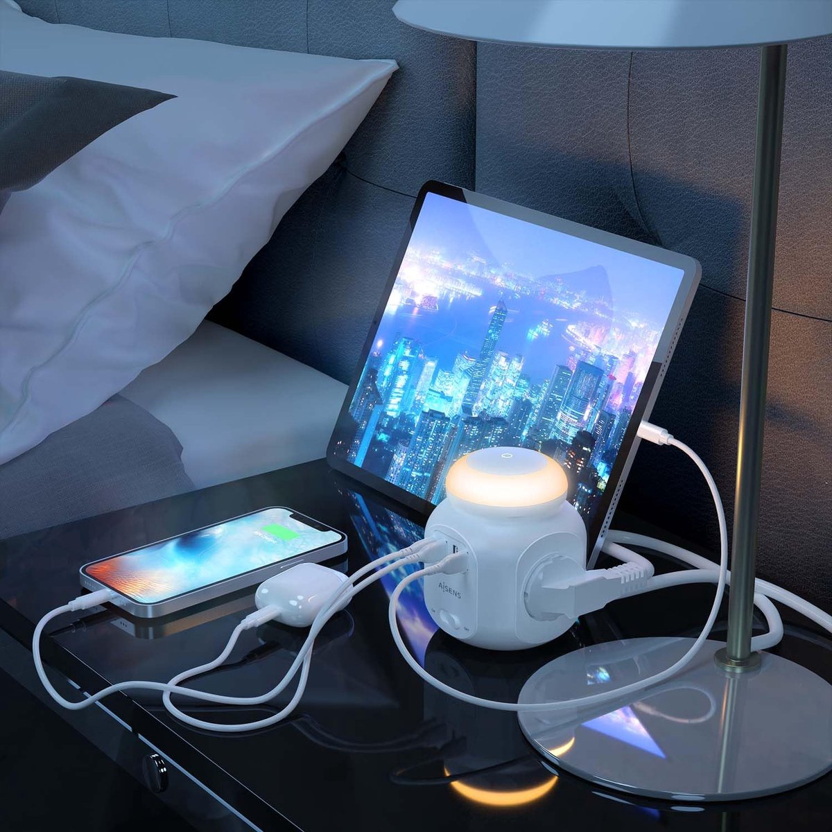 SnelShoppen - Multifunctionele Stekkerdoos met 4 Stopcontacten, 1 x USB-C, 3 x USB-A, Nachtlampje, 1,8m, Wit - Ideaal voor Thuis, Kantoor, en Camping