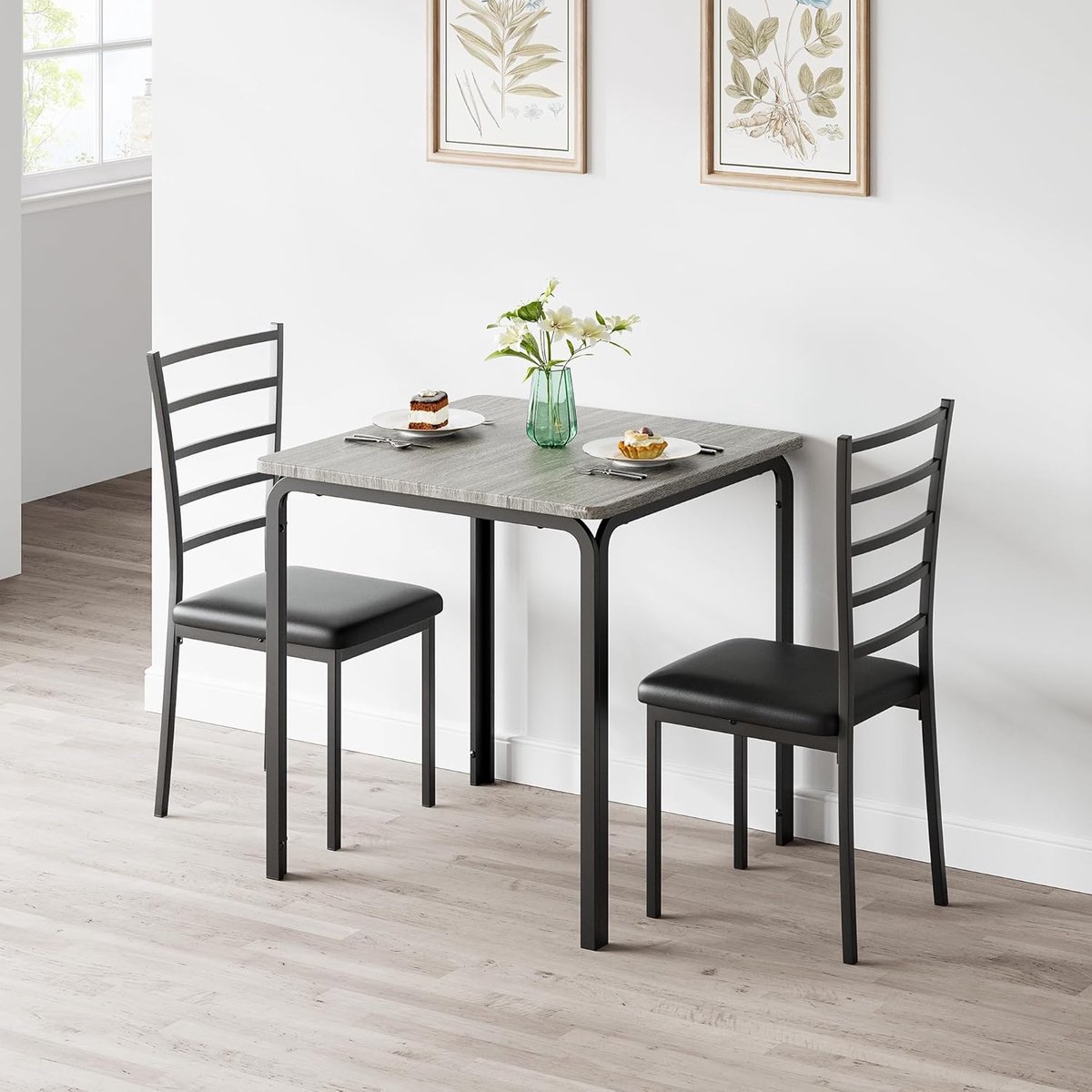 3-delige eettafelset voor 2 personen – Vierkante tafel met 2 gestoffeerde stoelen – Metalen frame, compact voor kleine ruimtes in appartementen/ontbijthoek – Grijs, MDF-tafelblad