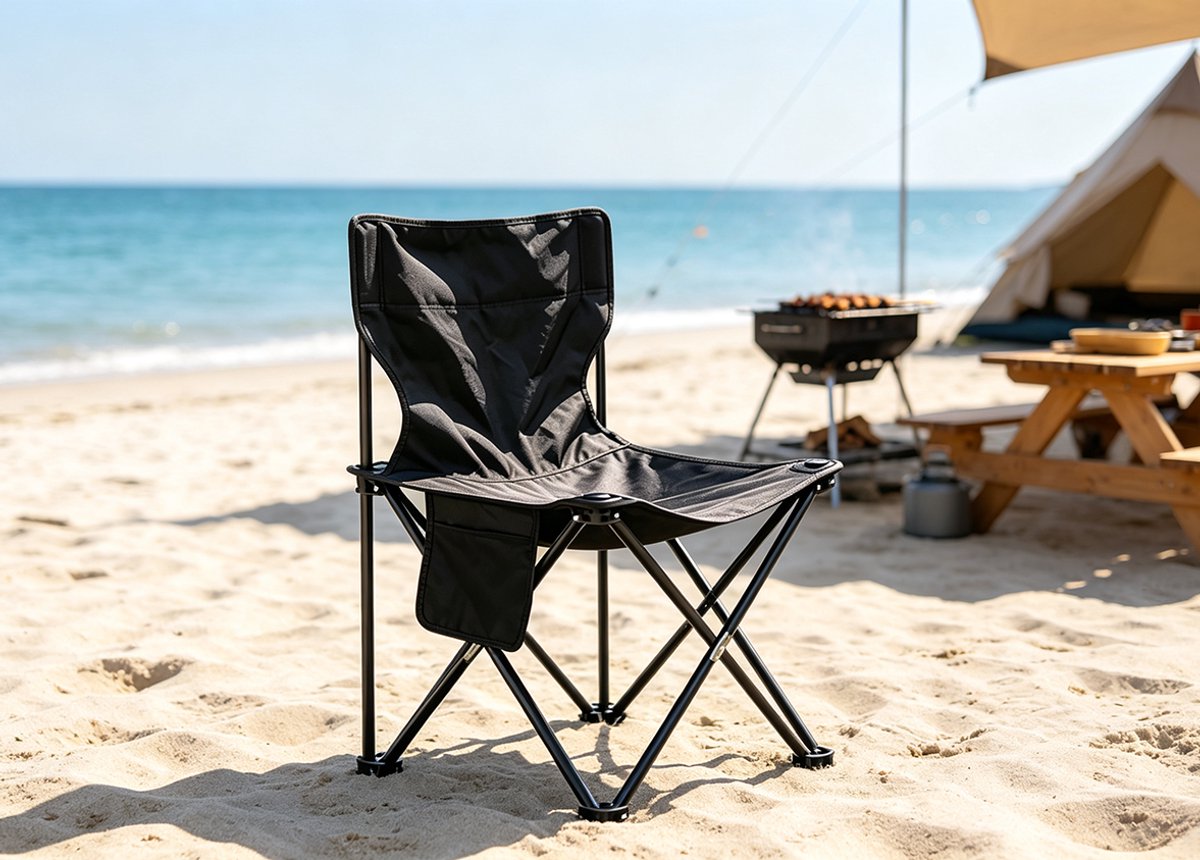 Zwarte opvouwbare campingstoel van 39 cm te gebruiken als strandstoel en tuinstoel Geschikt voor kamperen strandactiviteiten concerten en diverse buitenevenementen Afmetingen 39 x 39 x 65 cm