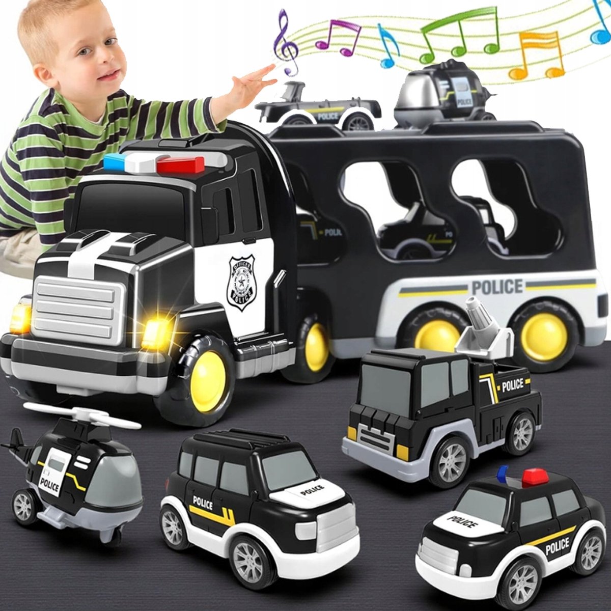 Grote Politietruck Met 5 Politieauto's 1 Helikopter Geluiden En Lichtjes - Aandrijfmechanisme Met Inertie - Afneembare Trailer Openklapbare Achterklep Veilig Plastic - Cadeau Voor Kinderen Van 1-3 Jaar - Zwart-Wit