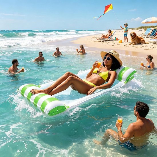 Zwembad Drijfmat - Hangmat Stoel - Ontspannen op water - 2-in-1 Ontwerp - 110x60cm - Gestreepte Groen — afbeelding 5