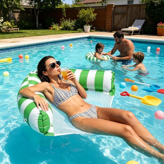 Zwembad Drijfmat - Hangmat Stoel - Ontspannen op water - 2-in-1 Ontwerp - 110x60cm - Gestreepte Groen — afbeelding 4
