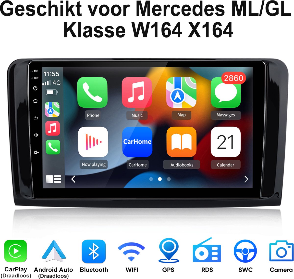 JUNSUN Android 15 Autoradio Geschikt voor Mercedes ML/GL Klasse W164 X164 Accessoires - 4GB+64GB - Draadloos Carplay & Android Auto - Bluetooth - GPS-Navigatiesystem - 9-inch IPS Touchscreen - WiFi - FM - RDS - DSP - 8 Kern
