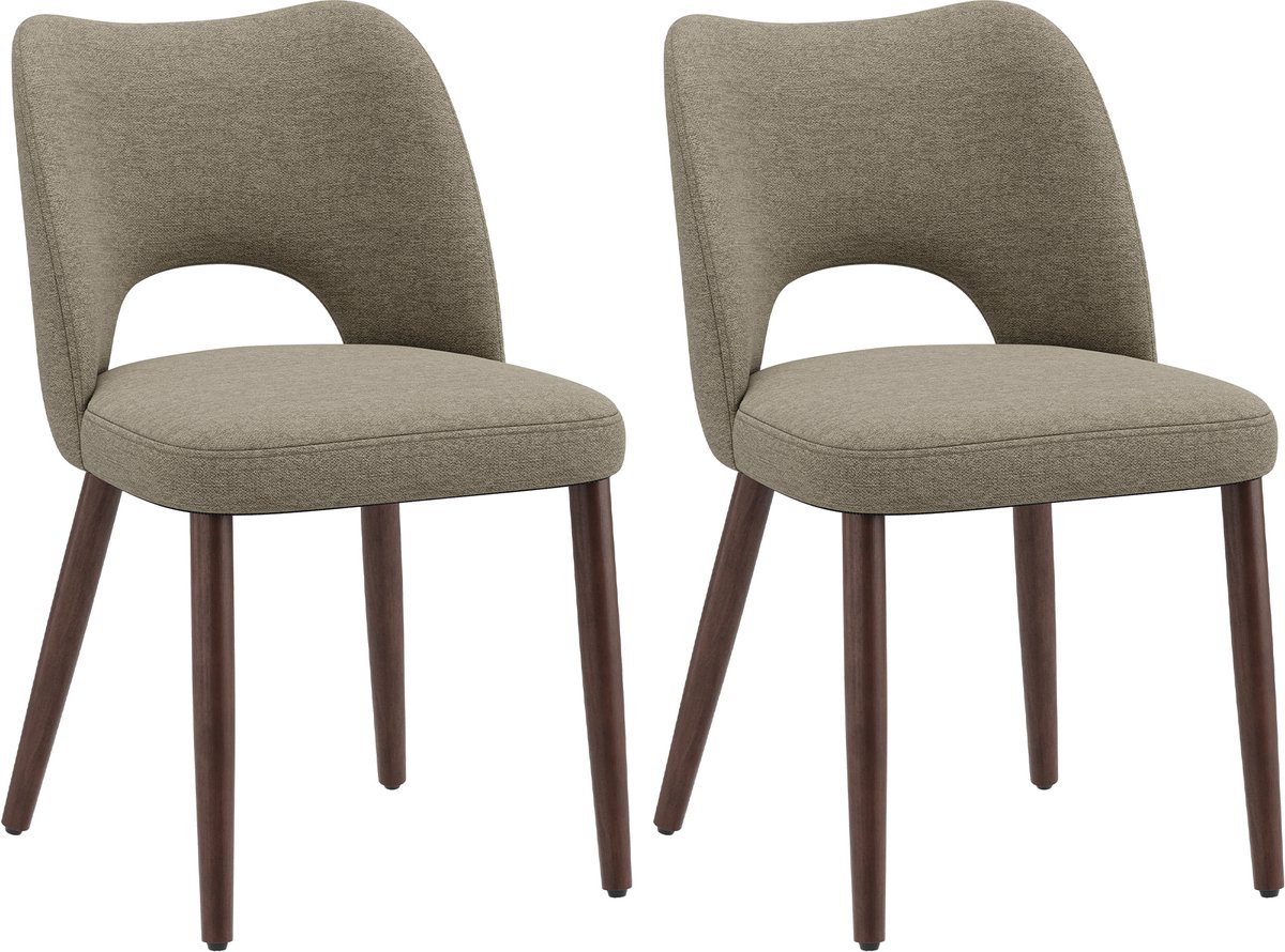 COLAMY Set van 2 eetkamerstoelen van stof - Gebogen open rugleuning - Dikke gewatteerde zitting - Poten van massief hout - Moderne keukenstoelen - Naturel bruin