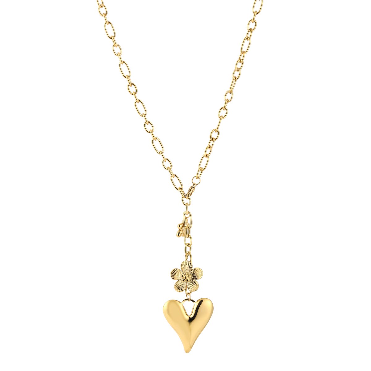 Luxe Y-Ketting Stainless Steel - Elegante Schakelketting met Hart en Bloemen Bedels - Chique Dames Sieraad