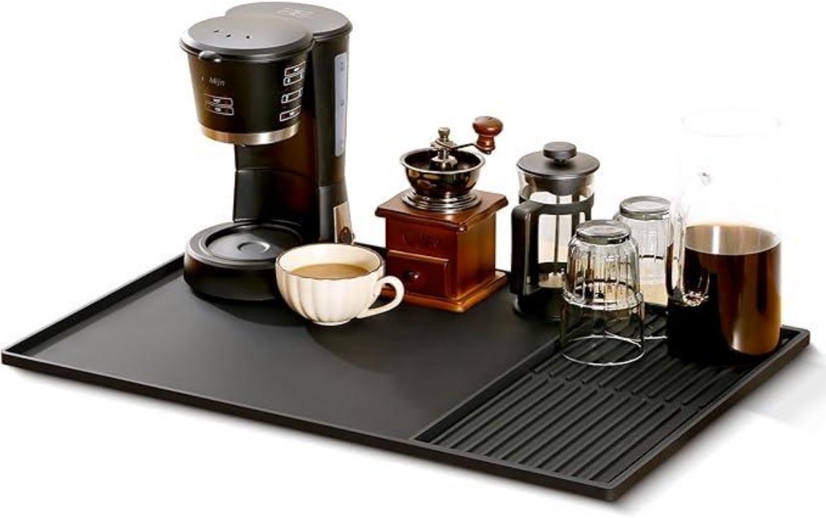 GELLDG Afdruiprek - Koffiemachine Onderlegger - Siliconen Droogmat 61x40,5x1cm - Multifunctioneel en Strak Design - Geschikt voor Keuken en Spoelbak - Hittebestendig en Antislip - 2-in-1 Siliconen Mat (Zwart)