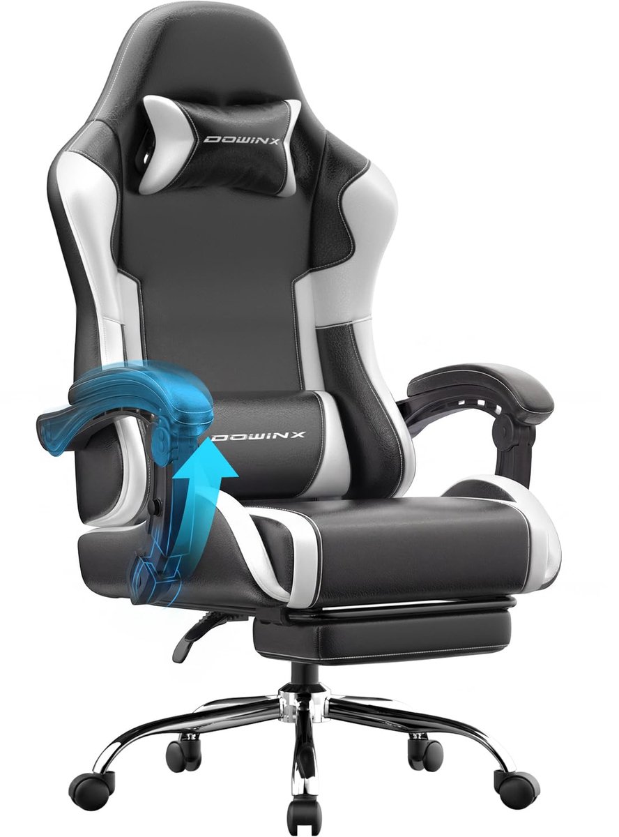 Gamingstoel - Ergonomische bureaustoel met voetensteun - Verstelbare armleuningen en rugleuning - 150 kg - Gaming en kantoor - 50 x 70 x 131 cm - Zwart-wit