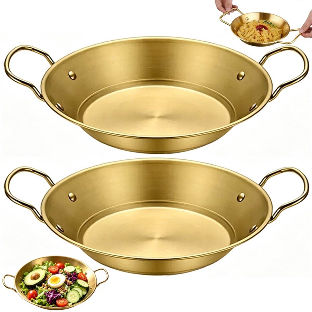 2 stuks - Paella pan - zeevruchtenpan - Paella pan roestvrij staal - Seafood pan dubbel handvat - Ovale ondiepe braadpan - Goudkleurige serveerpan - Ondiep model /ondiepe pan - Multifunctioneel paella pasta frituur serveren