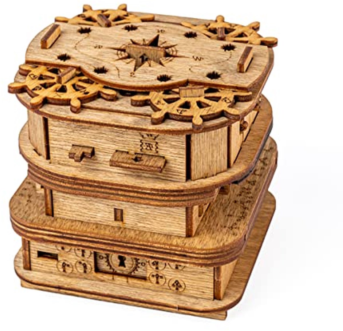 Houten Puzzeldoos - Hersenkraker Box - Raadsels Oplossen - Herbruikbaar Spel - 12 x 11 x 0.25 cm - Meerkleurig