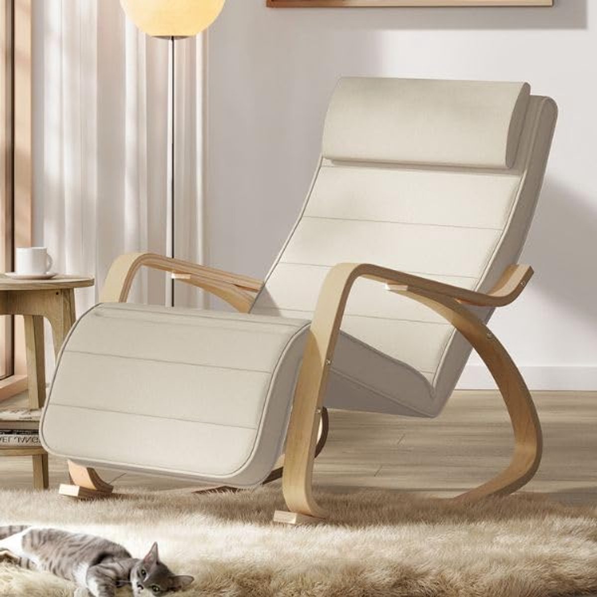 Songmics schommelstoel relaxstoel met 5-voudig verstelbare voetensteun, draagvermogen 150 kg | 5-voudig verstelbare voetensteun voor slaapkamer en woonkamer, beige naturel LYY010WZ01