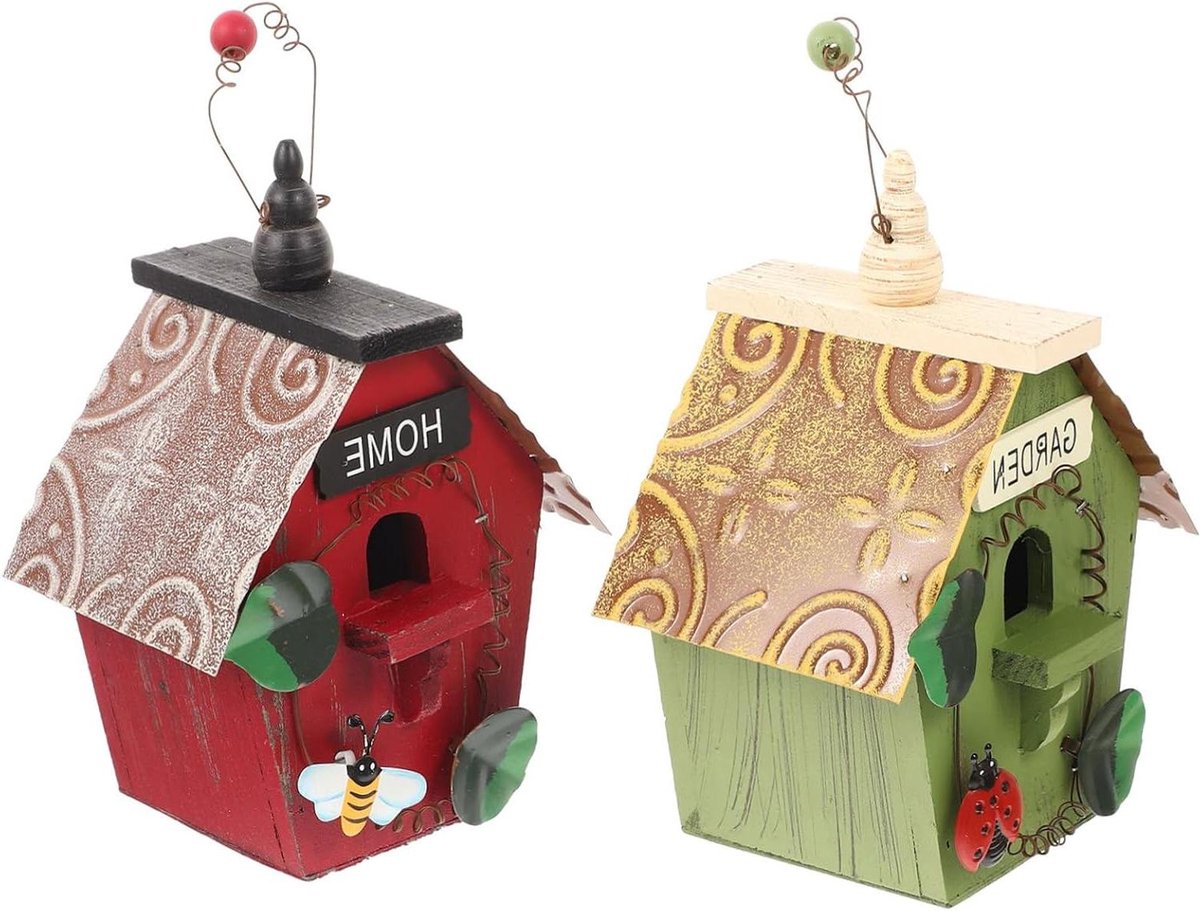 Houten Vogelhuisje - Nestkast Vogelkooi - Vogels Voeden - Natuurlijk Houtmateriaal - 2 stuks - Natuurlijk