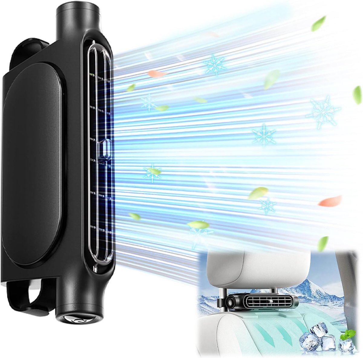 Autostoelventilator met krachtige dubbele turbines - drie instelbare ventilatorsnelheden - USB-aansluiting - geschikt voor alle auto's, jeeps, bestelwagens, campers en vrachtwagens - zwarte turbineventilator - zwarte 3000mAh-accu