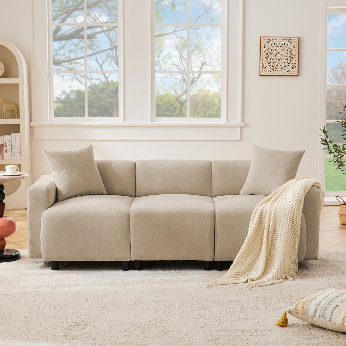 COVREO 3-zits bank 211x67x71 cm - beige chenille, 2 kussens, zithoogte 49 cm