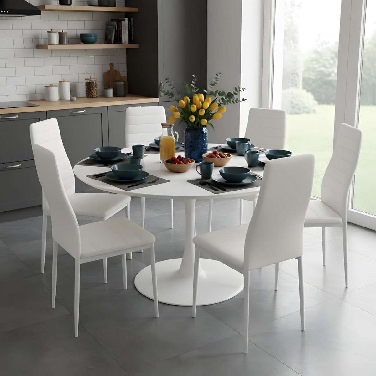 Eettafelset rond - Tafel met stoelen - Gezellig eten - Ergonomische stoelen - 110 cm - Wit