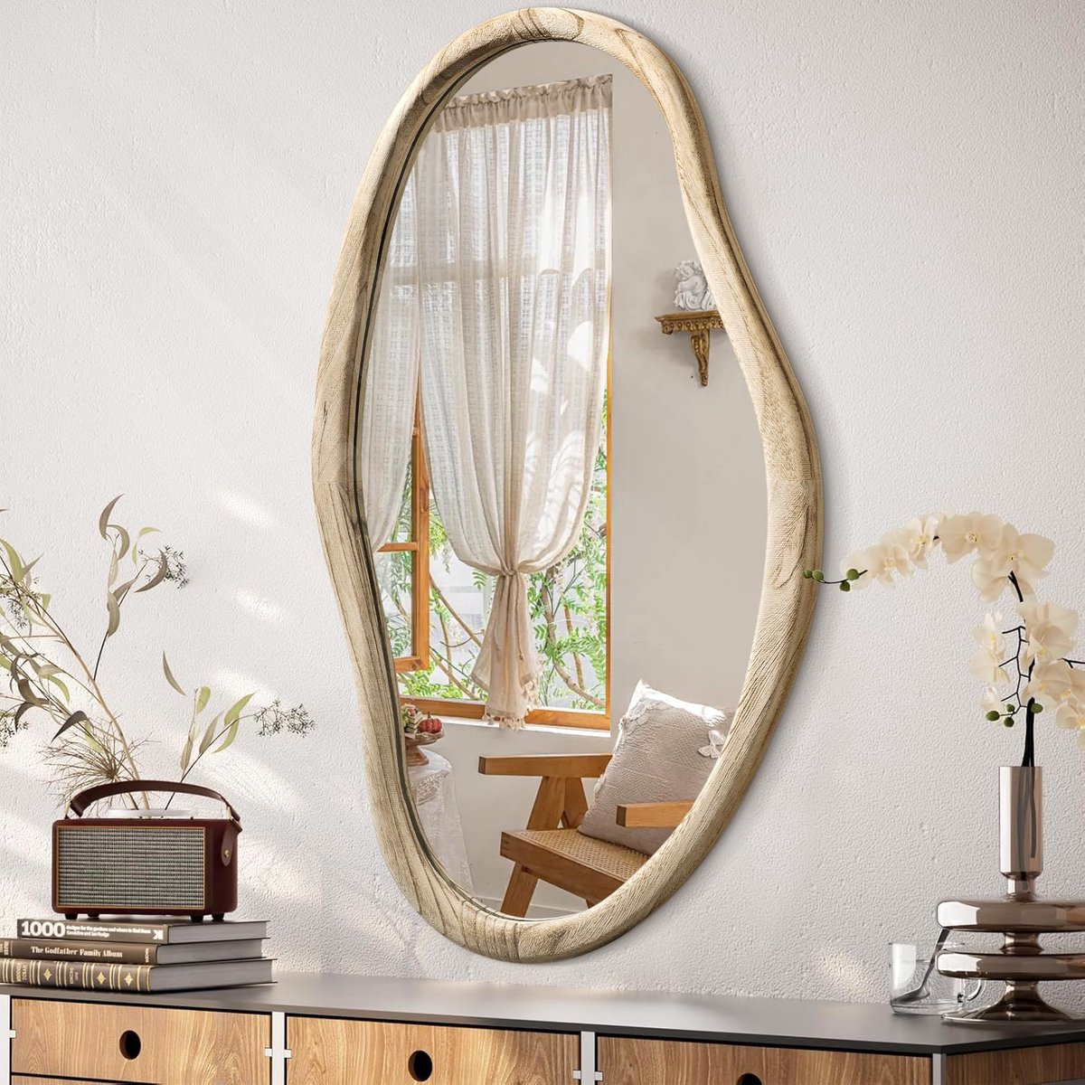 SnelShoppen - Onregelmatige Houten Spiegel 90x60cm - Asymmetrische Wandspiegel - Grote Horizontale of Verticale Hangende Spiegel voor Badkamer, Slaapk