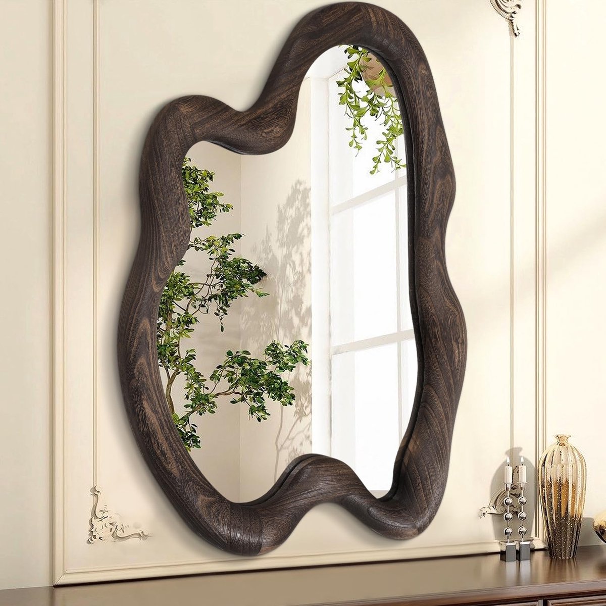 SnelShoppen - Grote wandspiegel met onregelmatig houten frame, vintage stijl, 80 x 60 cm, asymmetrische hangende spiegel voor badkamer, slaapkamer, wo