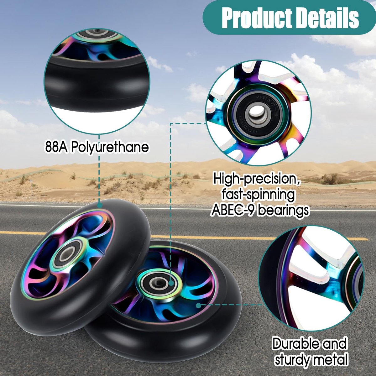 SnelShoppen - 2 stuks 100 mm stuntstep wielen met 88A hardheid, ABEC-9 lagers voor stuntscooters en kickscooters, hoogwaardig en duurzaam