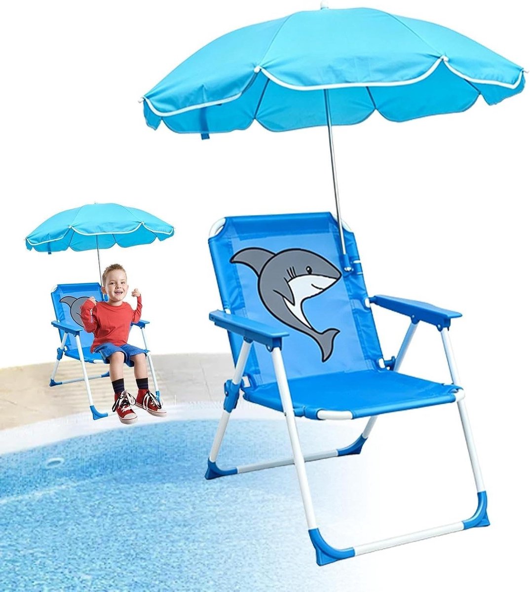Kinderstrandstoel met Paraplu - Opvouwbare Stoel Scherm - Buiten Zitten - Slijtvast Metalen Frame - 38 x 52 cm - Haai