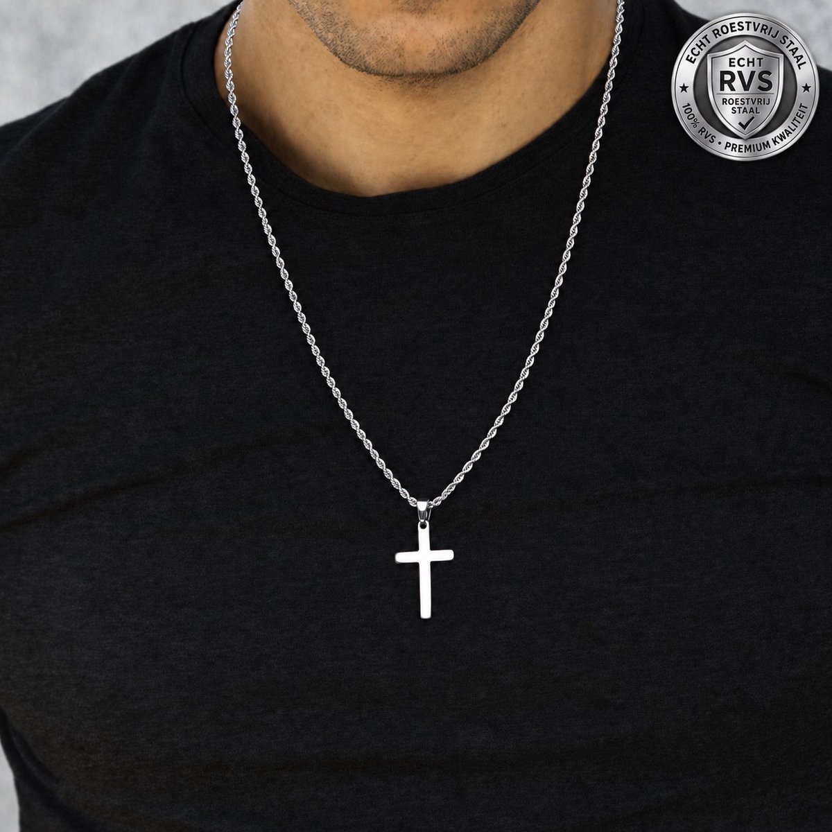 Premium RVS Kruis Ketting voor Heren - Kruisje - Zilverkleurig - Gedraaide Touwketting - Elegant Tijdloos Design