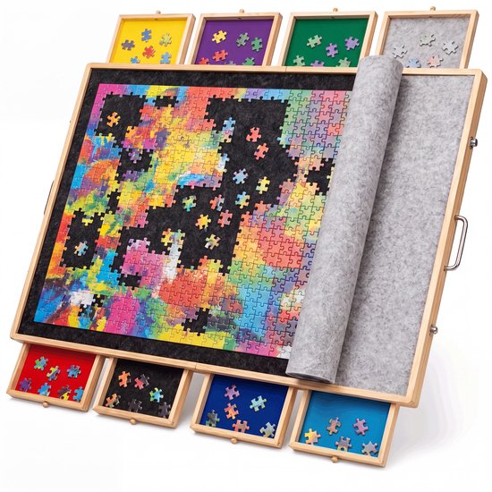 Table à puzzles pliable avec 8 tiroirs et un plateau à puzzles de 2000 pièces, avec un motif de puzzle multicolore.