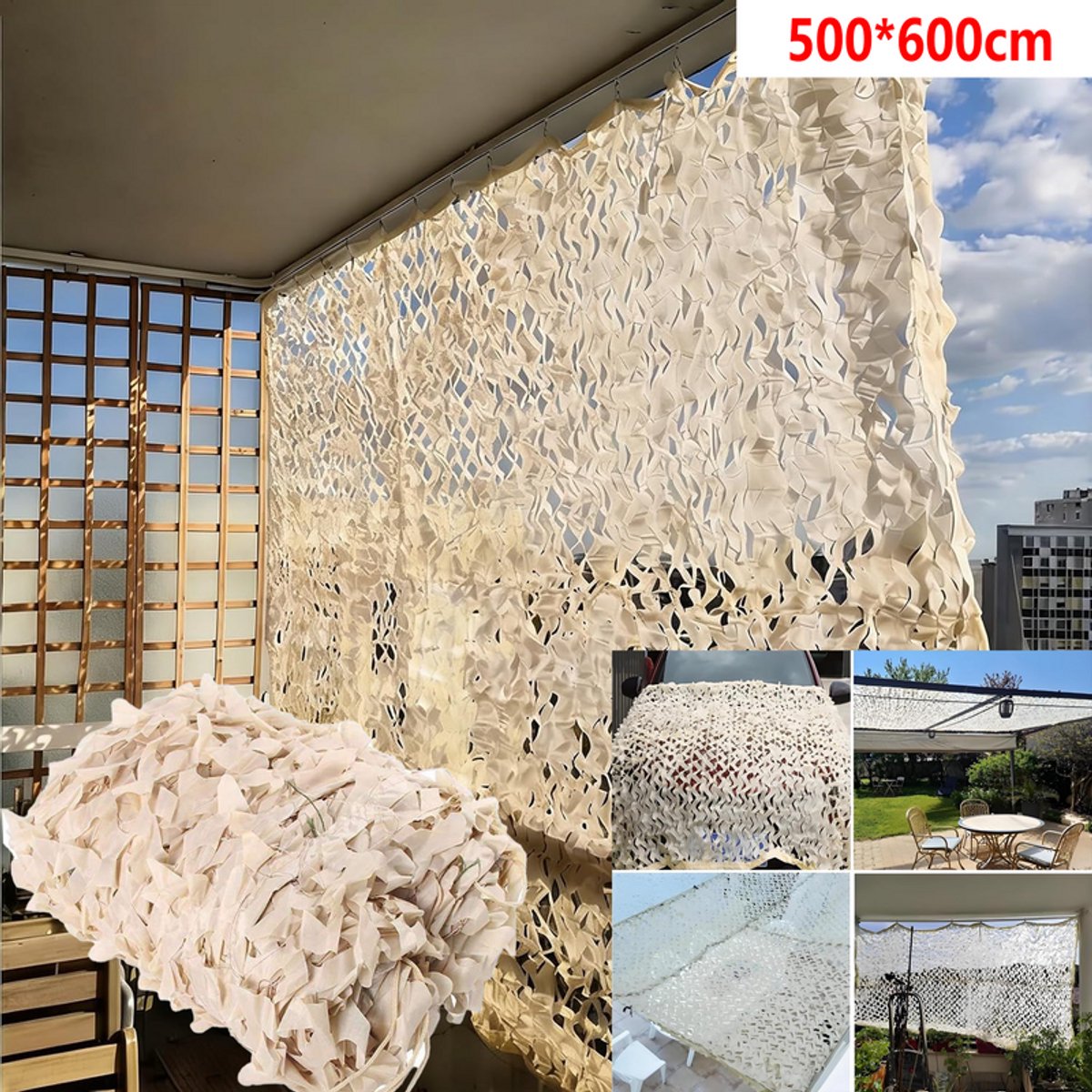 KZQ Camouflage Zonneschermnet - 500x600cm - Schaduwdoek - 210D Oxford - Voor Tuin Balkon Kamperen En Decoratie - Haverkleur