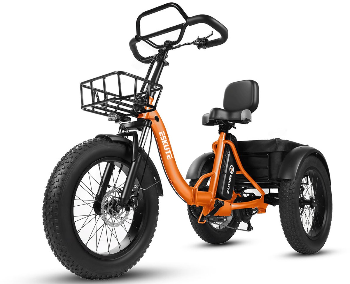 Opvouwbaar Elektrisch Driewieler – 250W Dik Klapfiets E-Bakfiets – 48V 20.8Ah Accu – 20"x4.0" Vetbanden – 7 versnellingen – 130km Bereik – 20 Inch Elektrische vouwfietsen – Oranje kleur
