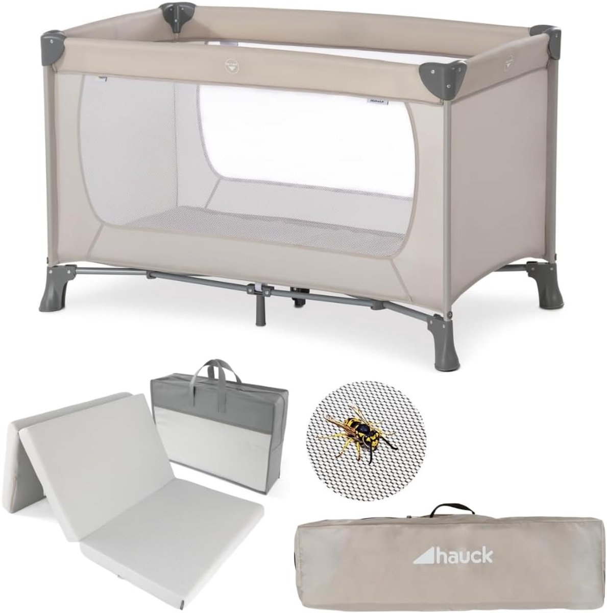Campingbedje baby - Opvouwbaar reisbedje - Met matras en klamboe - Inclusief draagtas - 0-15 kg - Beige