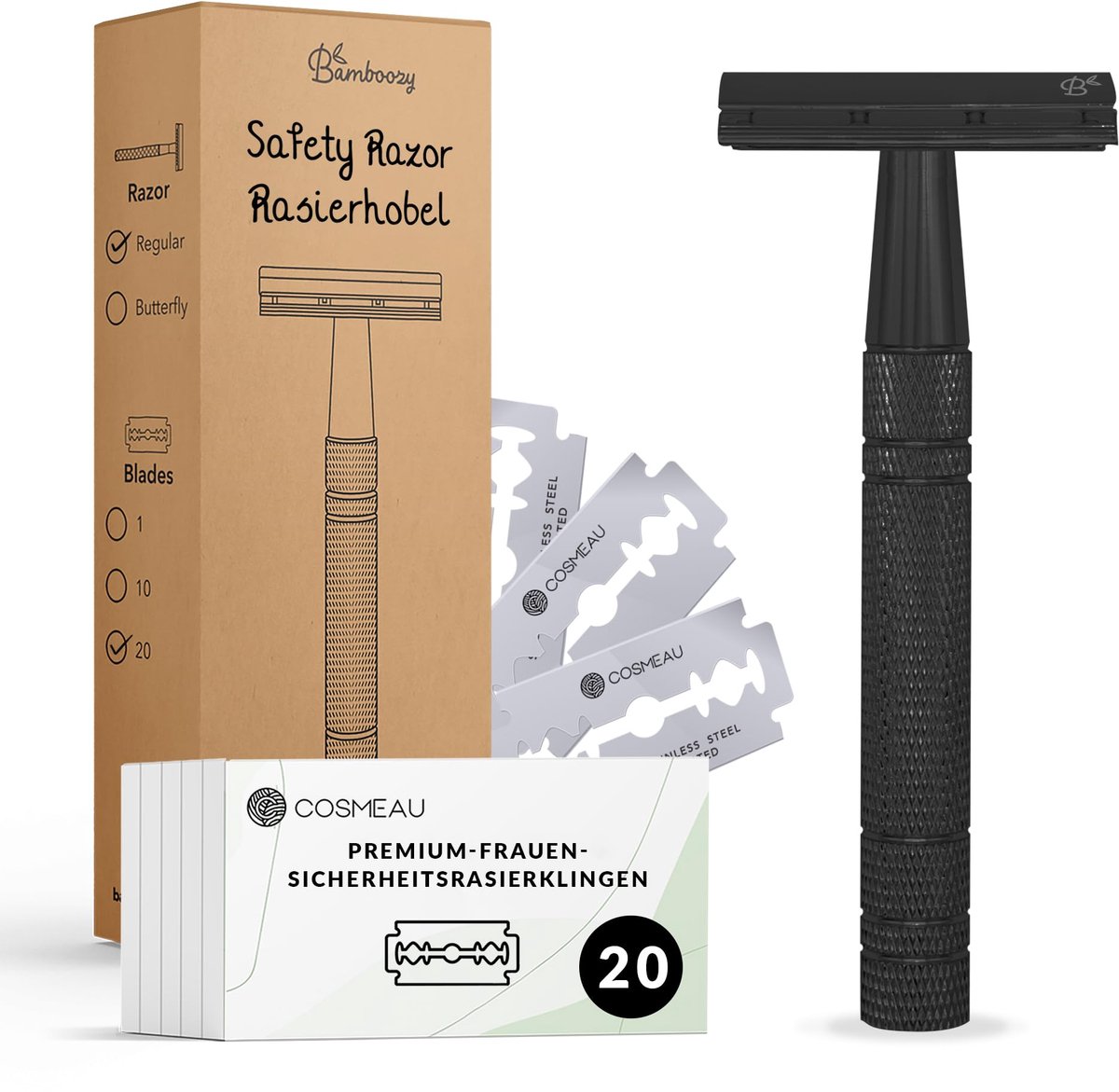 SnelShoppen - Bamboozy Safety Razor - Duurzaam Aluminium Scheermes voor Dames - 20 Premium Mesjes voor Nat Scheren - Zero Waste & Dubbelzijdig Scheerm