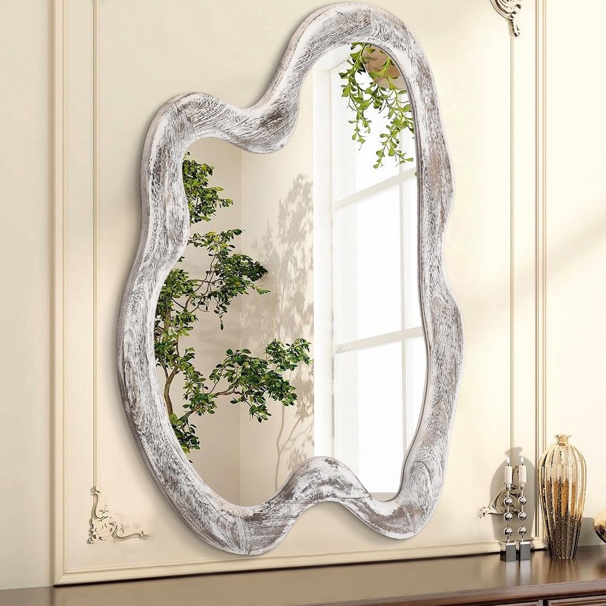 SnelShoppen - Onregelmatige houten wandspiegel 70 x 50 cm, asymmetrische decoratieve spiegel, rustieke minimalistische spiegel voor slaapkamer, woonka