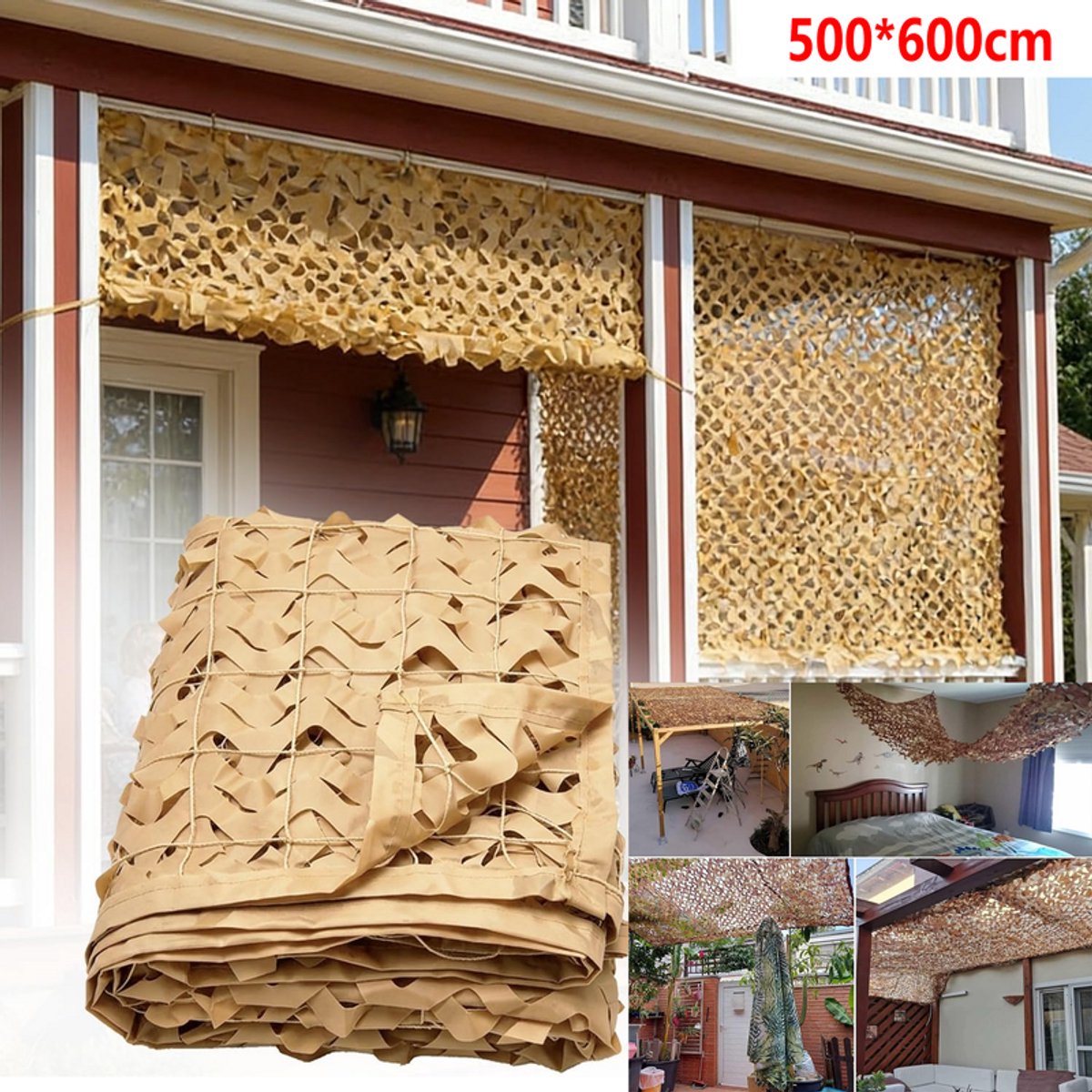 KZQ Camouflage Zonneschermnet - 500x600cm - Schaduwdoek - 210D Oxford - Voor Tuin Balkon Kamperen En Decoratie - Geel