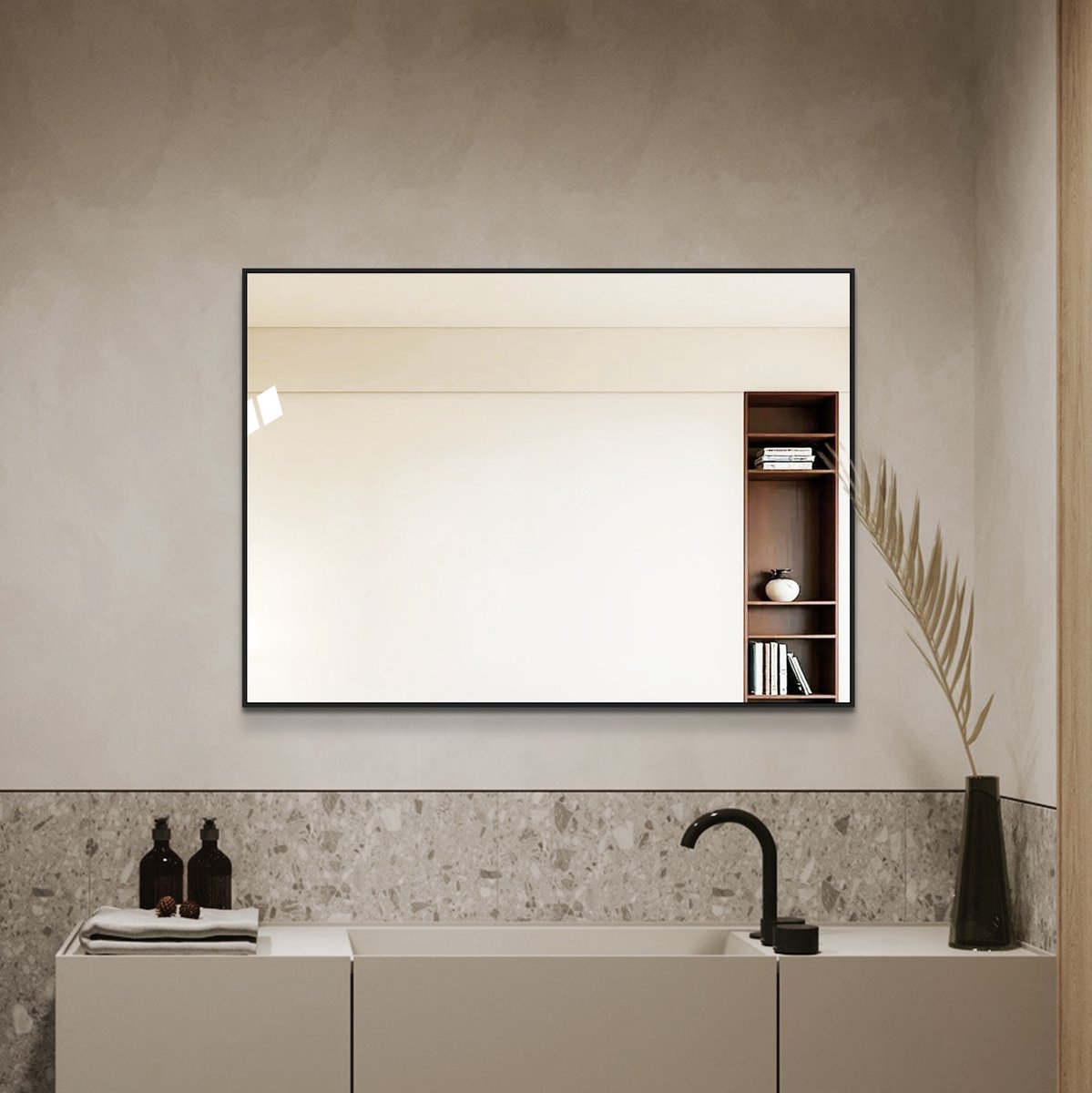 REDOM - Wandspiegel - Rechthoekig - Horizontaal en verticaal monteerbaar - Moderne stijl - Badkamer, hal en kleedkamer - Aluminium en glas - Zwart - 50 x 70 cm