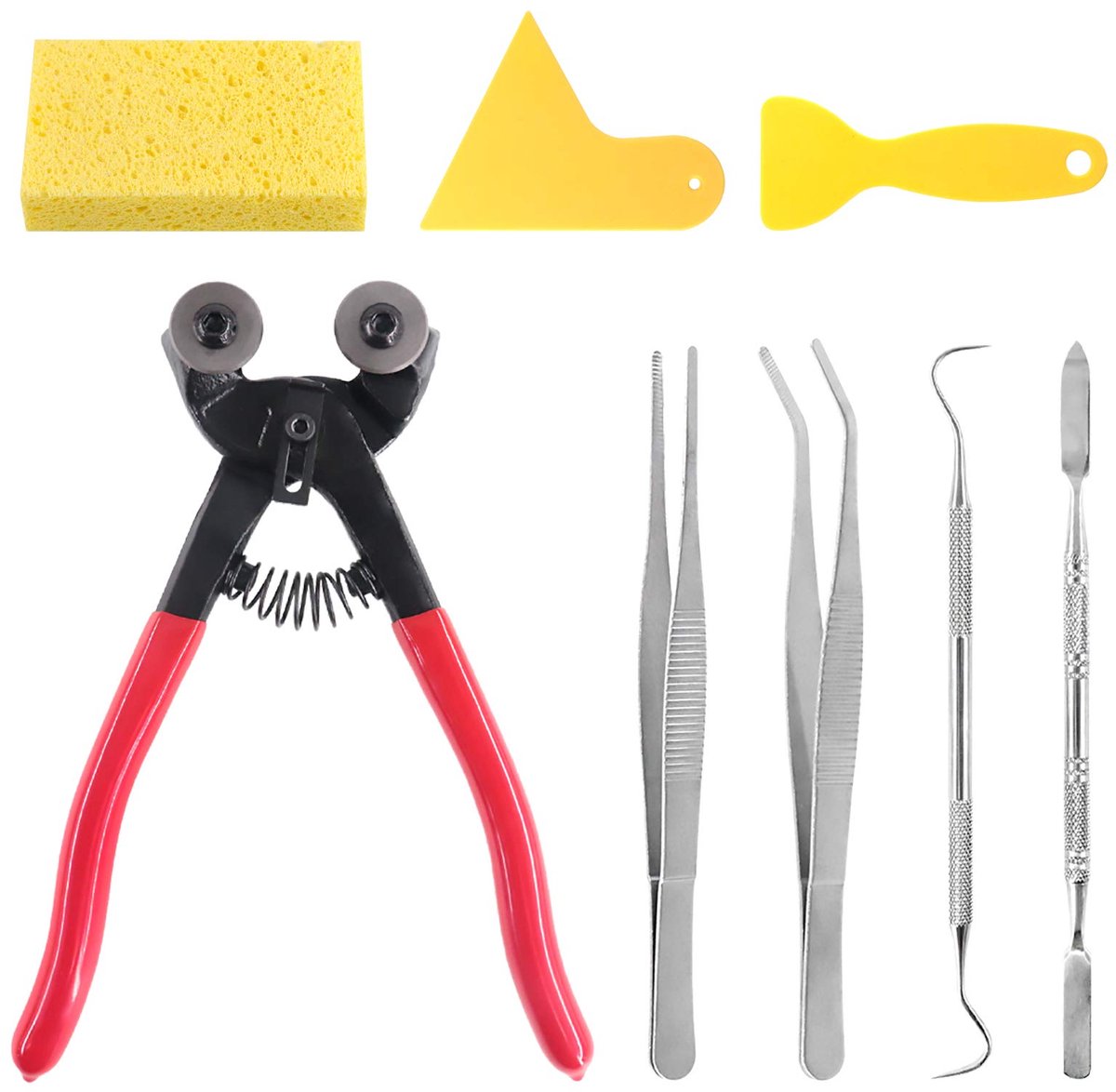 SnelShoppen - 8-delige mozaïek gereedschap kit met zware glazen snijdtang, wielen cutter, schrapers, pincetten en spatel voor creatief knutselen en ho
