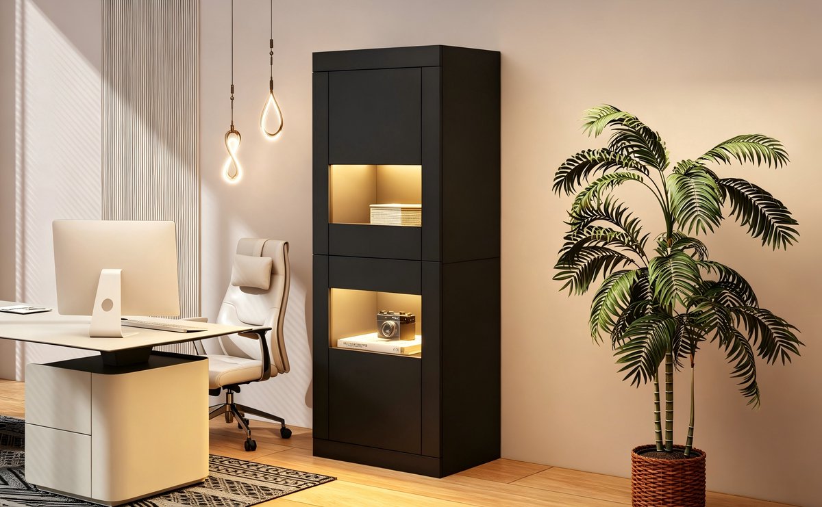 OKWISH Vitrinekast - Led-Verlichting - Staande Opbergkast Met 3 Legplanken - Moderne Displaykast Voor Woonkamer En Eetkamer - Zwart - 61 X 42 X 162 Cm