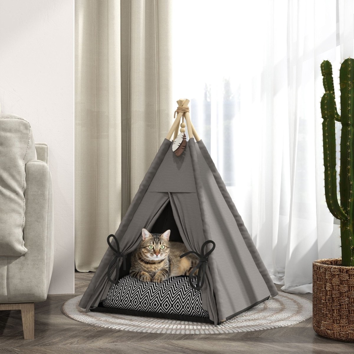 Wishdor Tipi kattenmand - afneembaar kussen - antislip bodem - tentvorm - voor katten en kleine honden - polyester - grijs - 60 x 60 x 76 cm