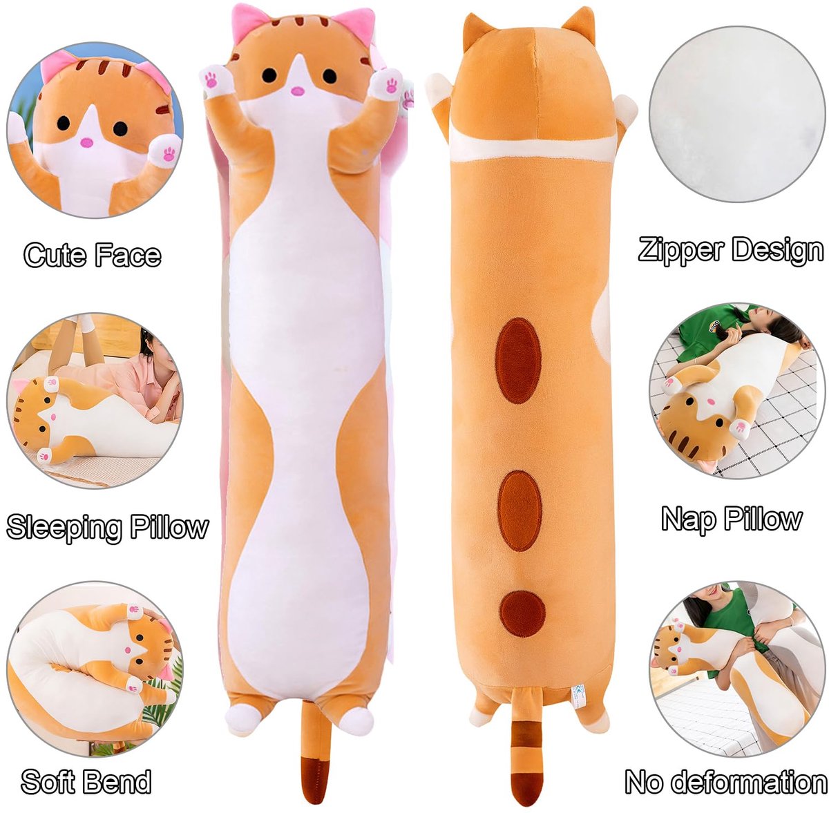 SnelShoppen - Lange Pluche Kussen Kat - Extra Zachte Knuffelkat in 4 Kleuren & 6 Maten (50-150cm) - Perfect Slaap- of Cadeaukussen voor Kinderen (Geel