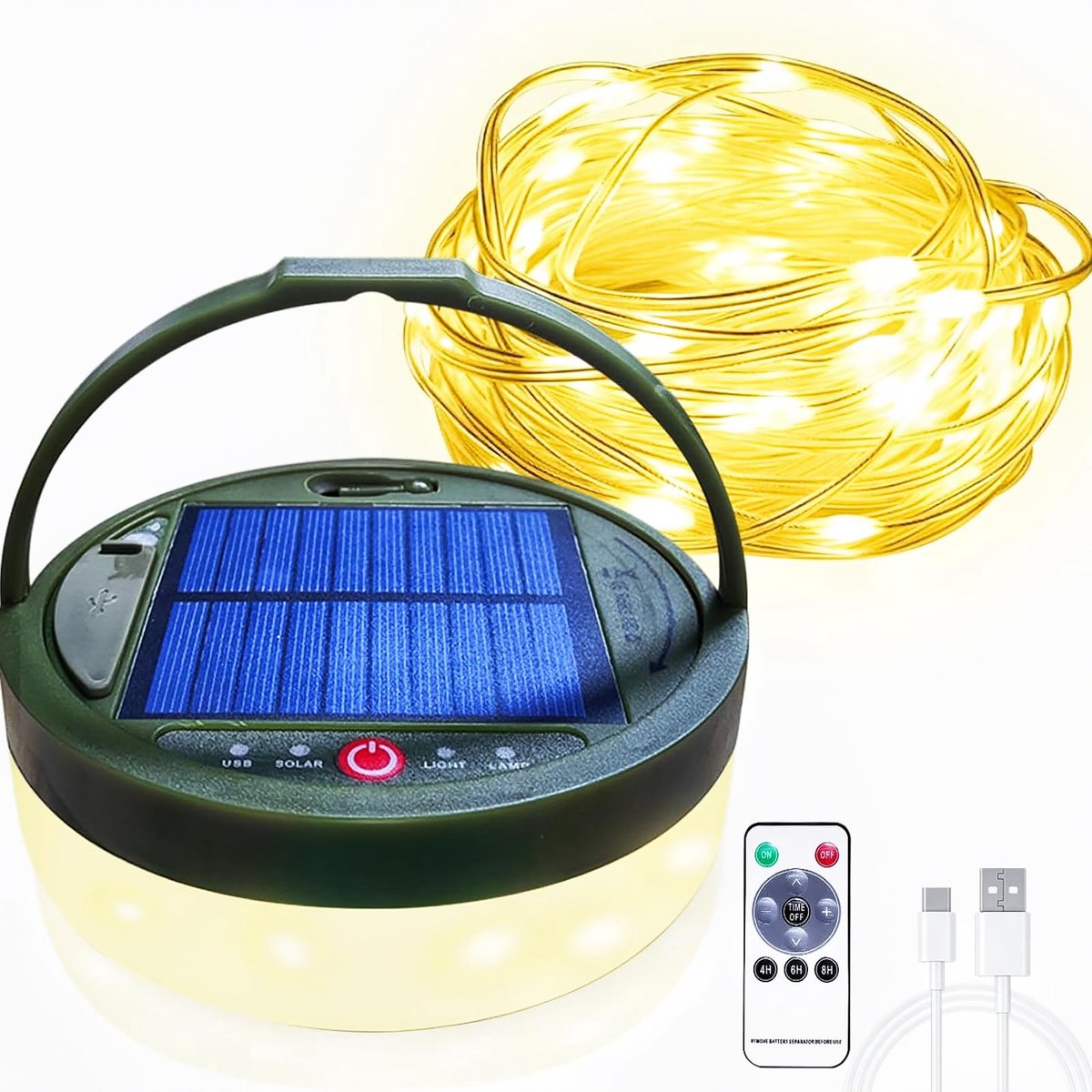 SnelShoppen - 12m Solar Camping Lichtsnoer met Afstandsbediening - 3600mAh 3-in-1 Intrekbare Draagbare Waterdichte Campinglicht voor Tuin, Wandelen en