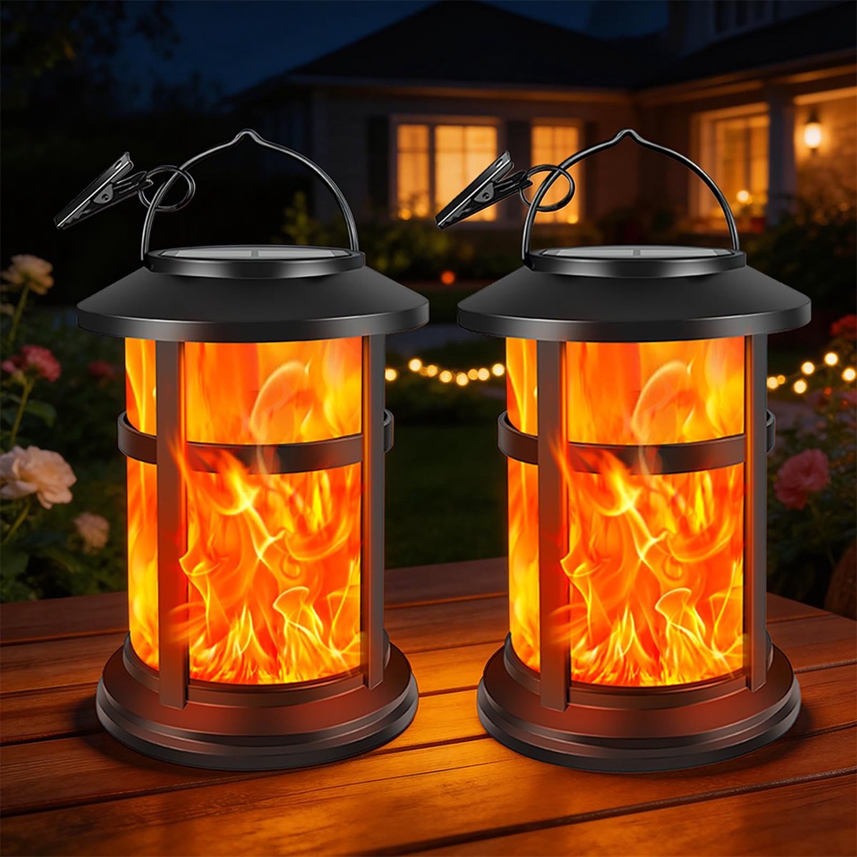 SnelShoppen - Lantaarns op zonne-energie voor buiten met vlameffecten, 2 stuks, tuinverlichting, decoratieve lampen, LED, waterdicht, sfeervol, ideaal