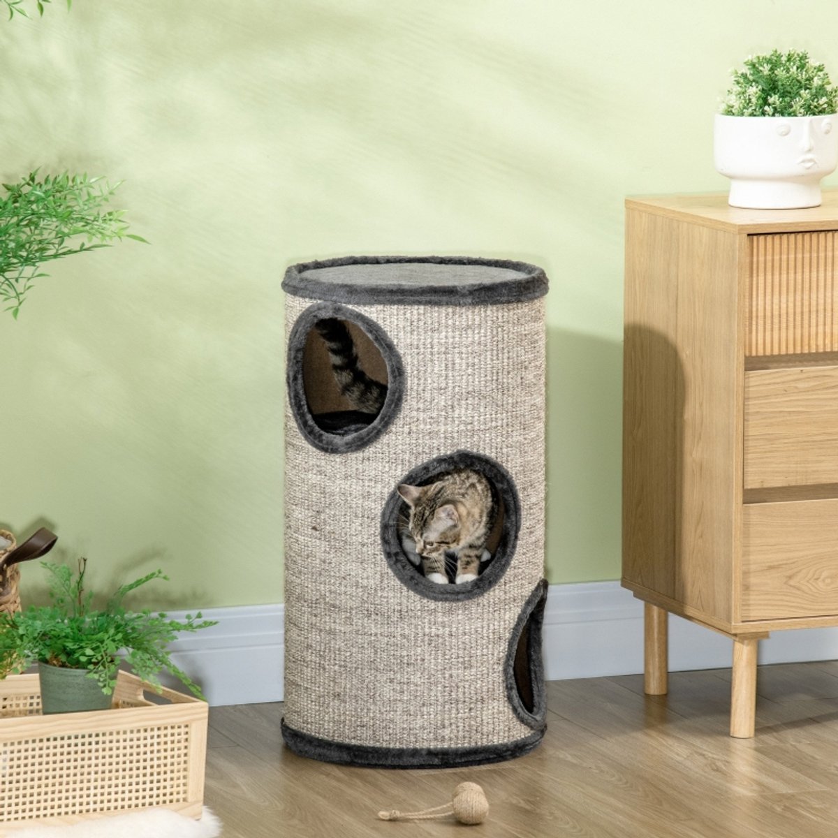 Wishdor Krabton voor katten - 3 niveaus - sisal krabvlak en pluche rustplaatsen - lichtgrijs - 38 x 38 x 70 cm