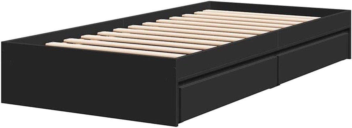 Bedframe met Laden - Houten Bed - Slaapkamer Opbergen - Zijladen - 75x190cm - Zwart