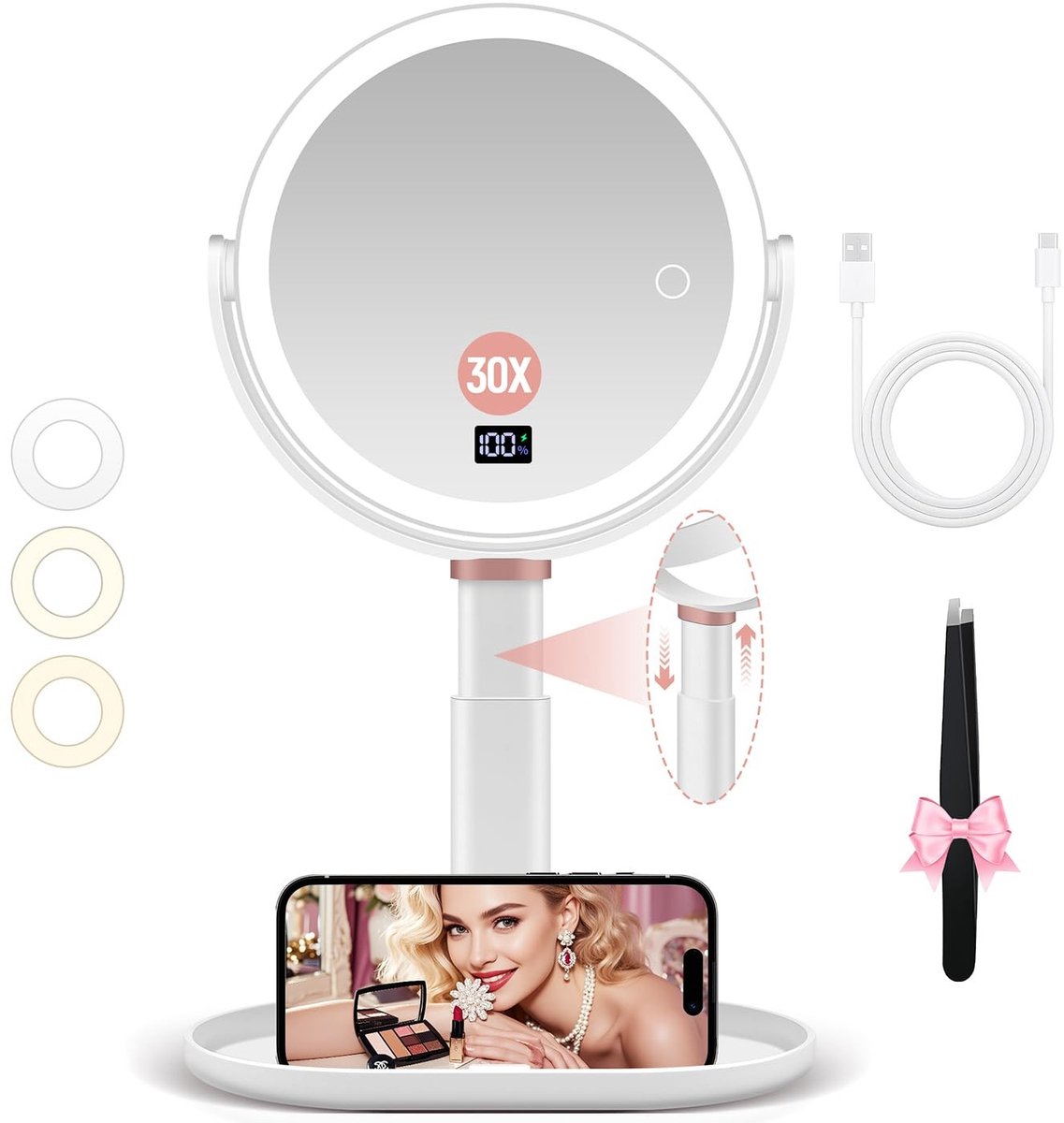 Dailygoods - Makeup Spiegel met Verlichting 30x Vergroting - 2-Zijdig en Verstelbaar
