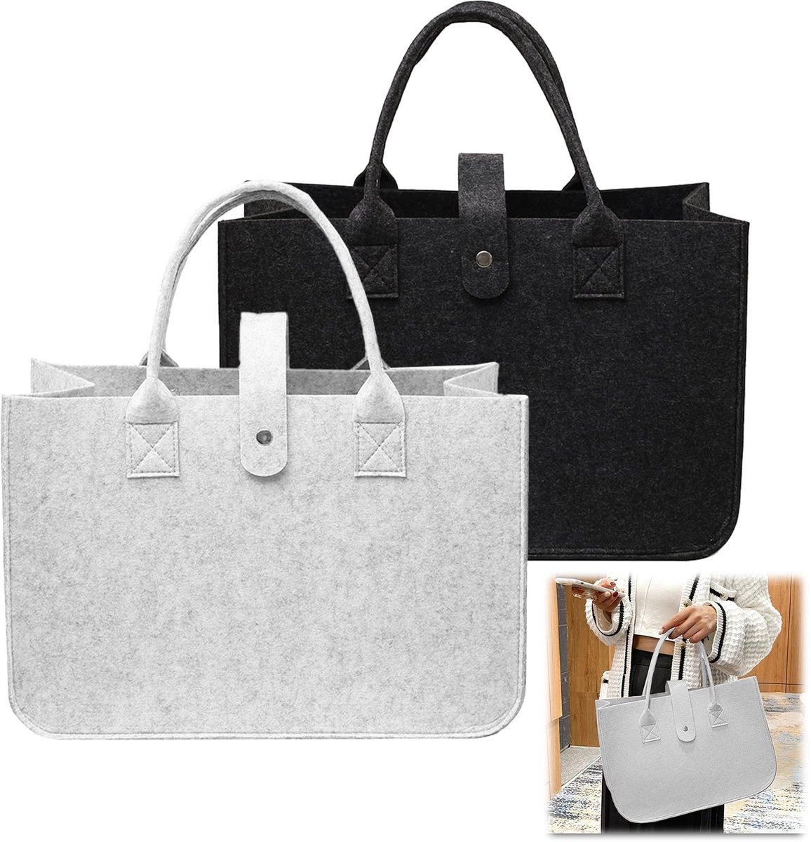 Dailygoods - 2 Stuks Vilt Tassen - Opvouwbare Shopper Bag met Handvat