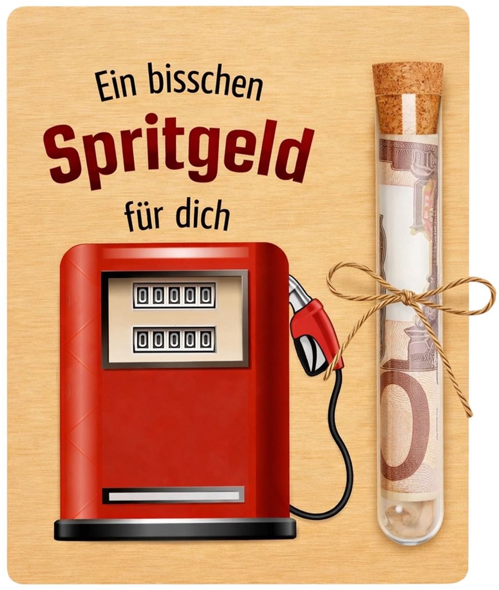 Dailygoods- Geldgeschenk Houten Decoratie - Glazen Buisjes - Creatief Cadeau - Rijbewijs - Verjaardag - Humoristisch Tankmotief - Geldcadeau