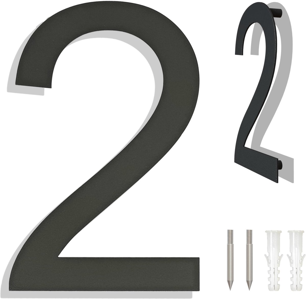 Dailygoods - Grote geborstelde roestvrijstalen huisnummers - Moderne drijvende zwartgrijze huisnummers 6 inch nummer 2