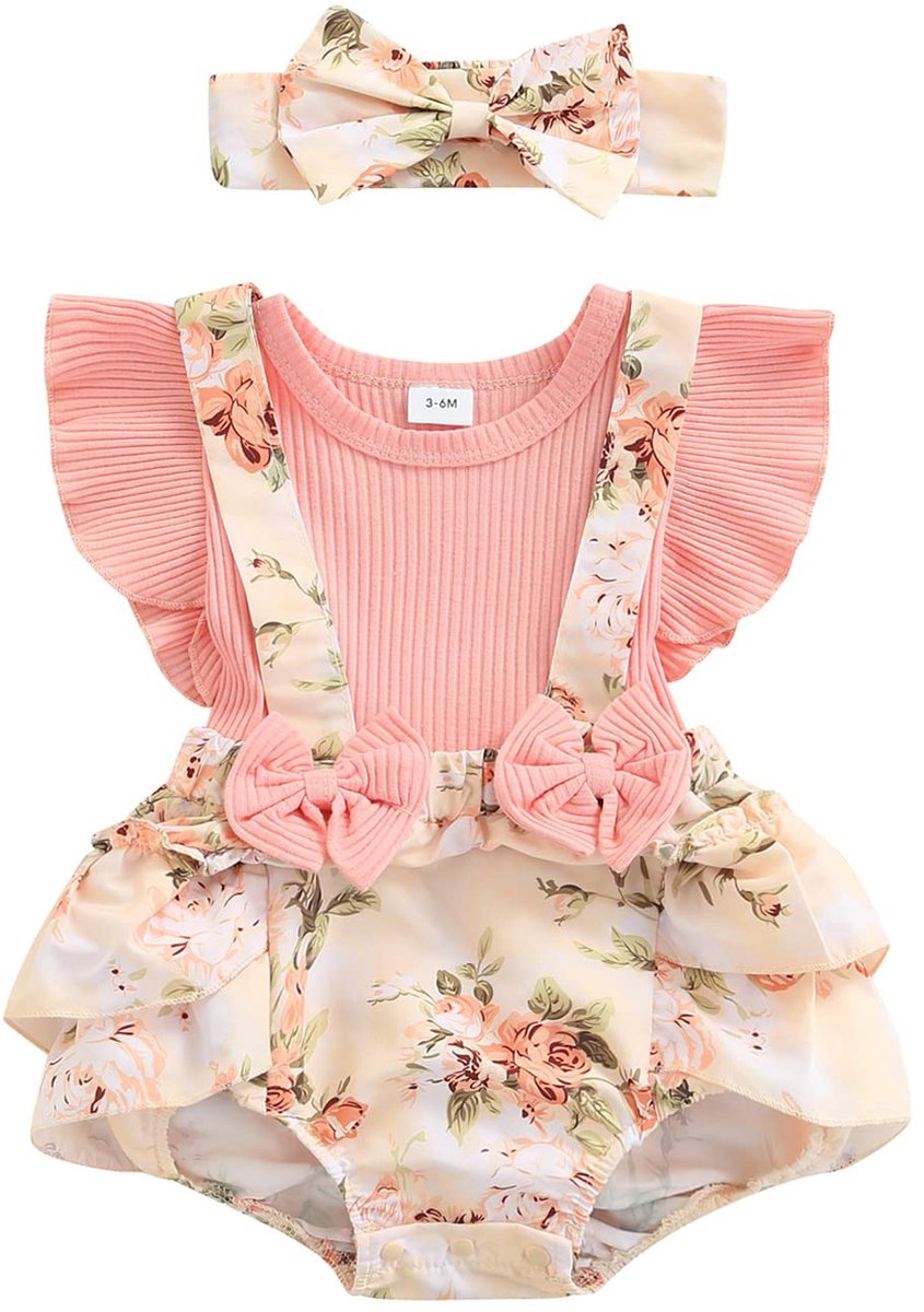 SnelShoppen - Edhomenn Baby Strampler Meisjes, Strikprint, Pofmouwen, Casual Overall met Hoofdbandje, 2-delige Outfit voor Pasgeborenen, Maat 68, Perf