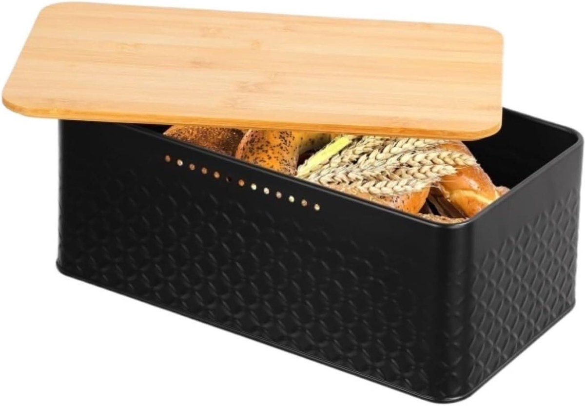 Broodtrommel Keuken Opslag - Broodbewaarcontainer Houder - Keuken Netjes Houden - Bamboe Deksel Snijplank - 33x18x13.5 cm - Zwart