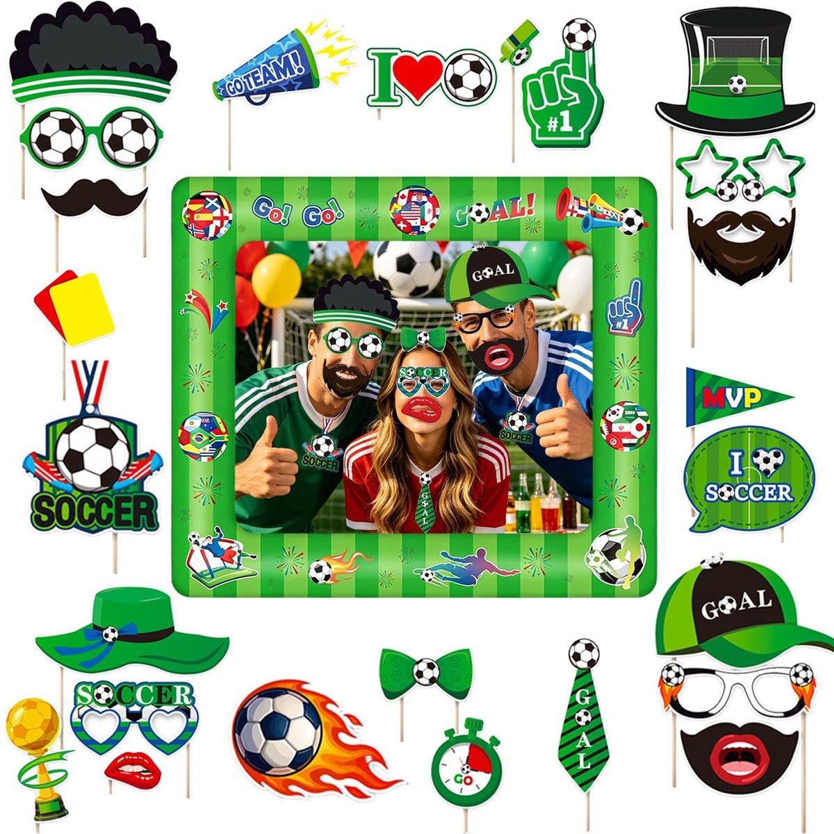 Dailygoods- Fotocabine Opblaasbaar - Voetbal Feestdecoratie - 30 Stuks Rekwisieten - Selfie-Fotolijst - WK 2026 - Hilarische Ontwerpen - Fotohokje