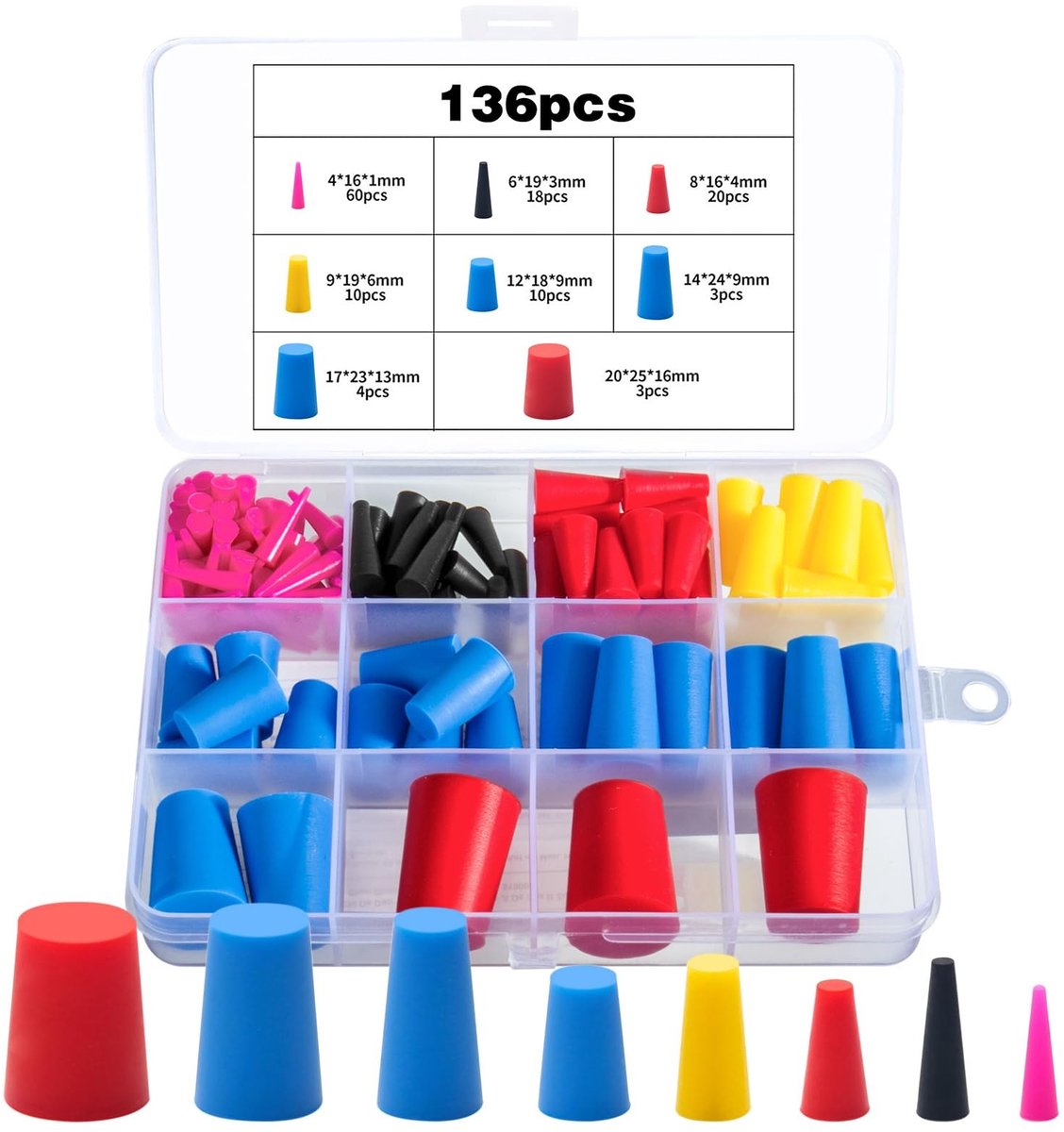 Dailygoods- Rubberen Stopper Set 136 Stuks - Conische Stoppers - 8 Maten - Siliconen Stoppers - Voor Laboratoria - Voor Doe-het-zelf Projecten